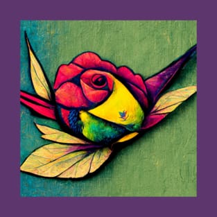 Pop Art, rose, hummingbird, beauty, green, blue, purple, nature, love, leaf, yellow, red T-Shirt