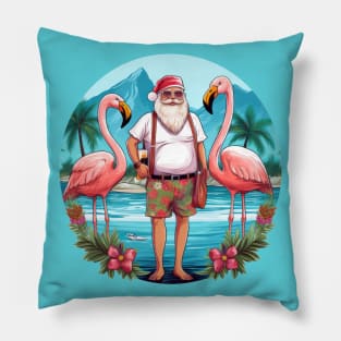 christmas in july santa at the lake with flamingos Pillow