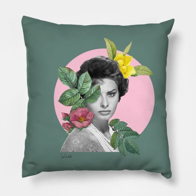 Sophia Loren Collage Pillow by luliga