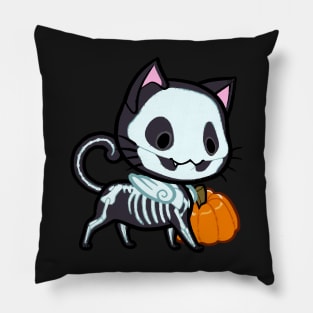 Halloween Chibi Winged Kitty - Black Skeleton Cat Pillow