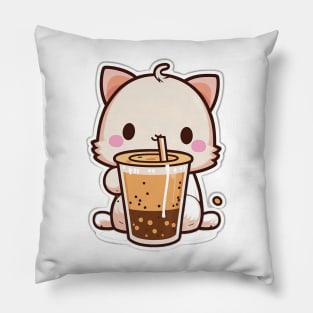 Cute Cat Drinking Bubble Tea Cartoon Boba Drawing Pillow