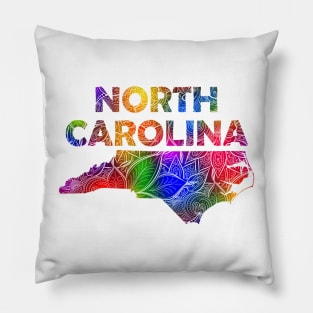 Colorful mandala art map of North Carolina with text in multicolor pattern Pillow