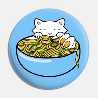 Cute white kitten eating a bowl of yummy ramen noodles Pin