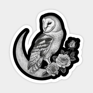 Barn Owl Sitting on a Moon & Roses, Gothic Magnet