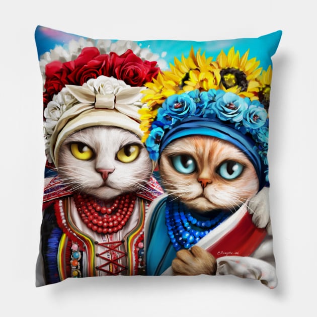 Ukraine and Poland, cat character, friendship Pillow by Marysha_art