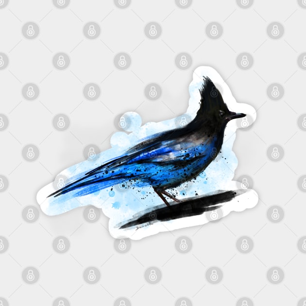 Dramabite Watercolor blue stellar jay bird artistic animal watercolor Magnet by dramabite