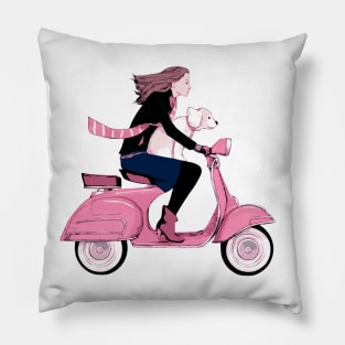 Fun Girl and Dog on Pink Scooter Pillow