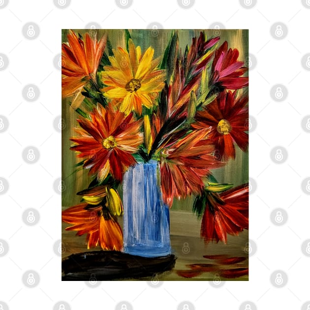 A lovely boutique of abstract vibrant bright colorful  flowers in a tall glass vase by kkartwork