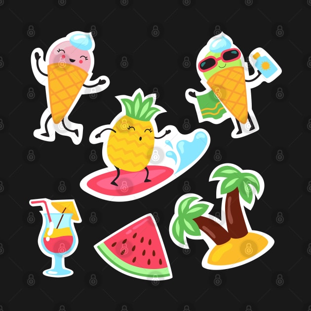 Beach Surfing Ice Cream Palm Trees Pineapple Watermelon Cute Kawaii Sticker Pack by markz66