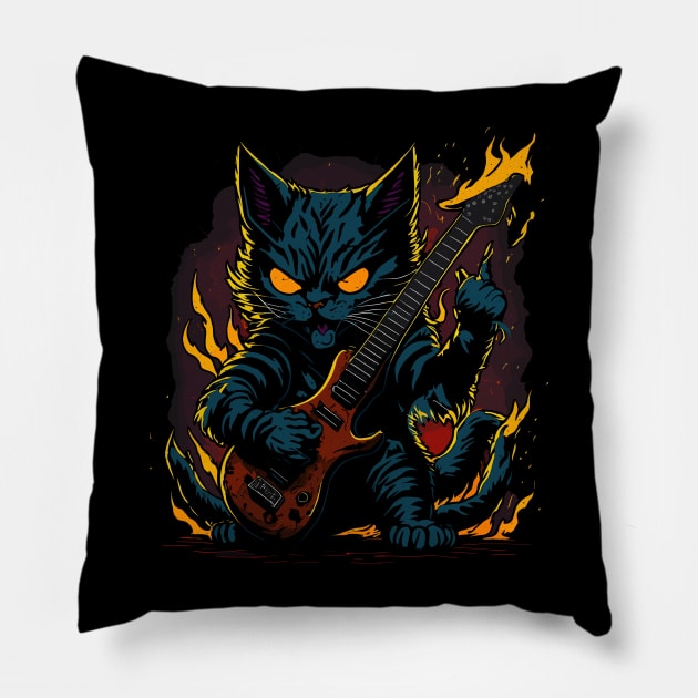 Heavy metal Cat, Hard Rock, Kitten Pillow by Stoiceveryday