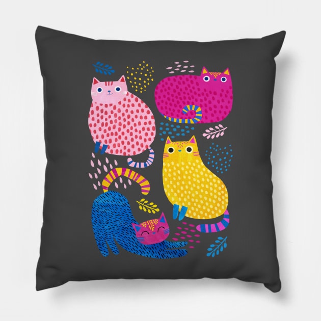 Colourful Kitties Pillow by Planet Cat Studio