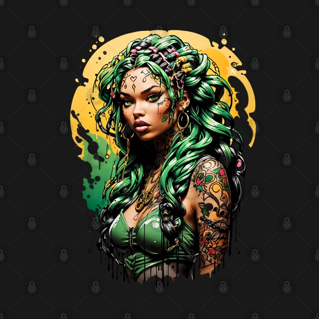 Green Hair bohemian girl retro vintage comic design by Neon City Bazaar