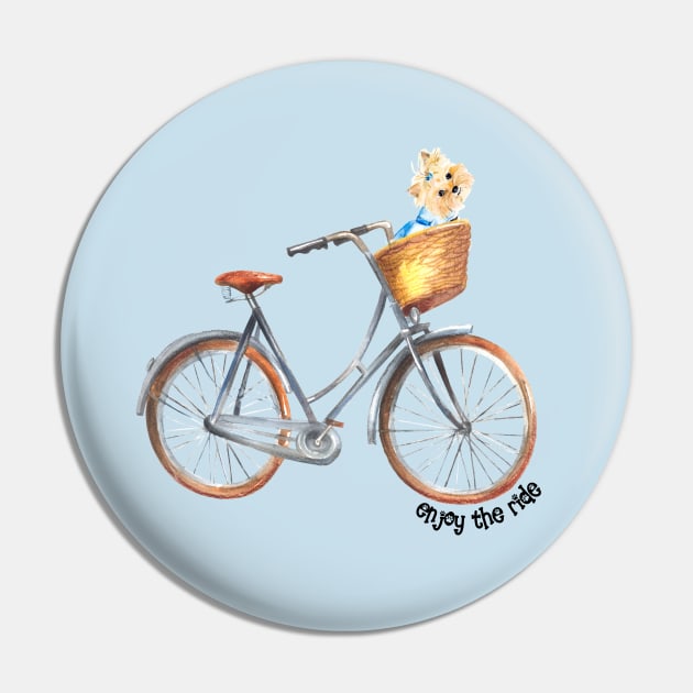 Cute Yorkshire Terrier Yorkie in Bicycle Basket Watercolor Pin by AdrianaHolmesArt