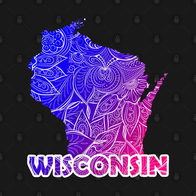 Colorful mandala art map of Wisconsin with text in blue and violet by Happy Citizen