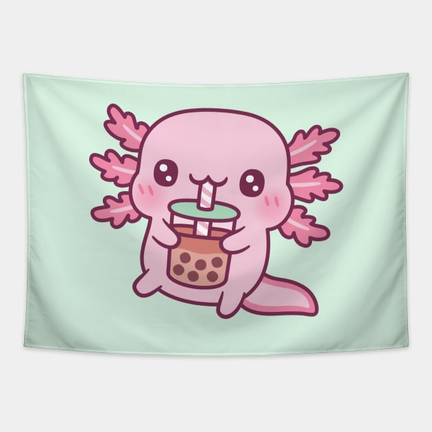 Cute Axolotl Drinking Boba Tea Tapestry by rustydoodle