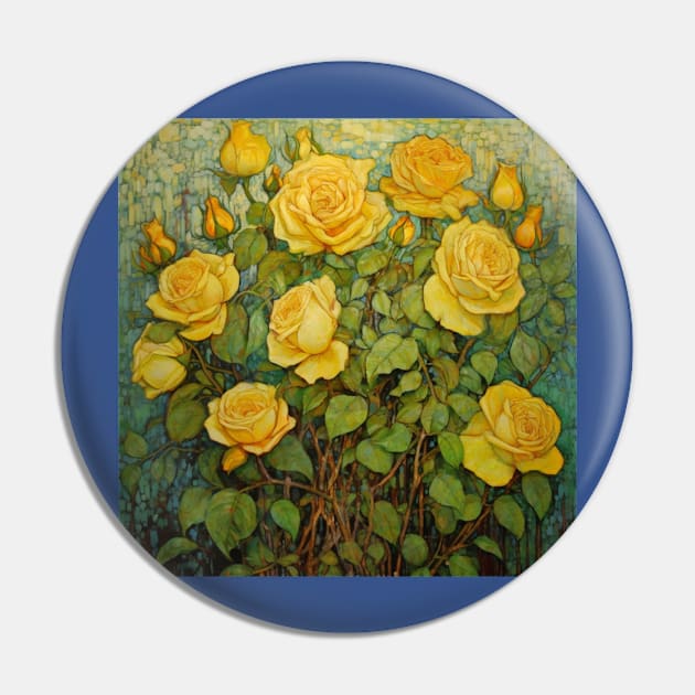 Yellow Rose Bush Folk Art Pin by EpicFoxArt