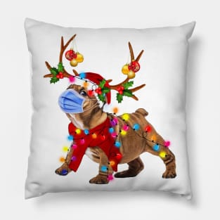 Bulldog Reindeer With Face Mask Christmas Light Funny Pillow