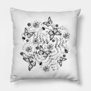 Black and white Butterflies and Bees Pattern Pillow