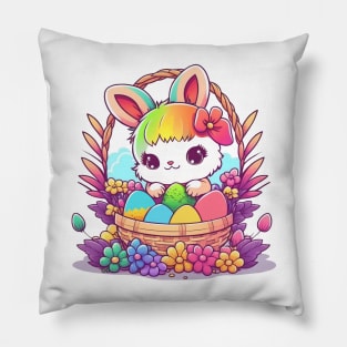 Easter Bunny In Basket. Spring Rainbow Flowers and Easter Eggs Pillow