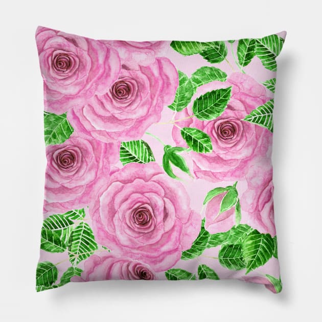 Pink watercolor roses with leaves and buds pattern Pillow by katerinamk