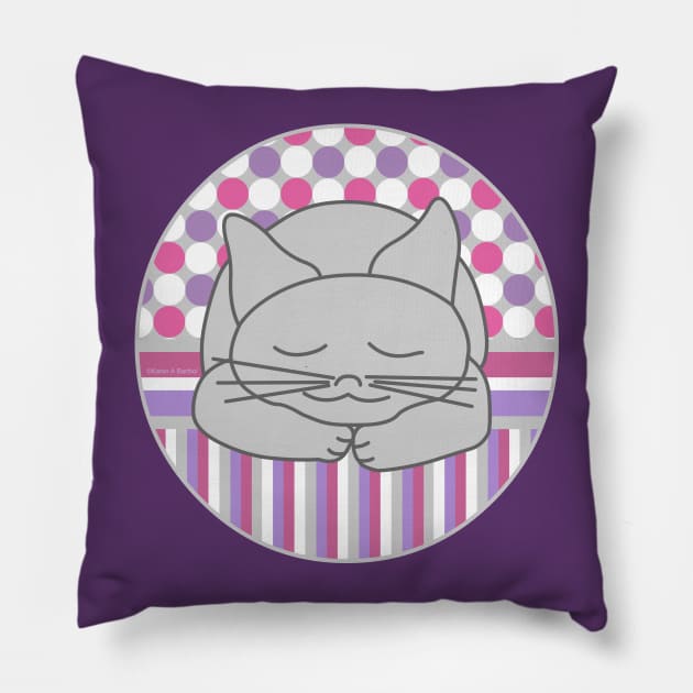 Sleeping Gray Cat Pink Pattern Oval Pillow by Barthol Graphics