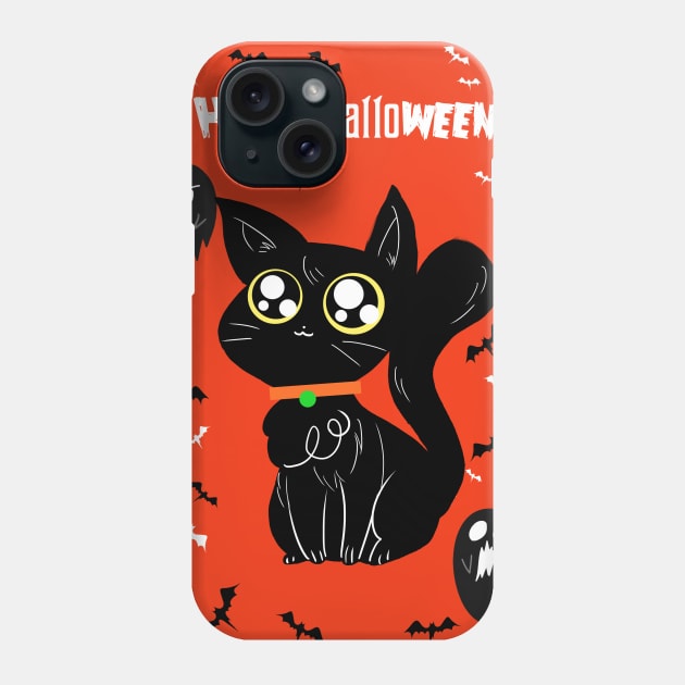 Happy Halloween - Orange and Black Big Eyed Cat Phone Case by saradaboru