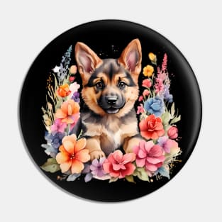 A baby german shepherd decorated with beautiful watercolor flowers Pin