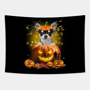 Black Chihuahua Spooky Halloween Pumpkin Dog Head Tapestry