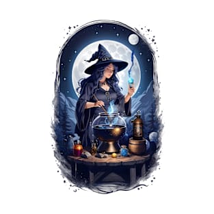 Moonlit halloween Magic: The Witch Brewing Potion Under Full Moon T-Shirt