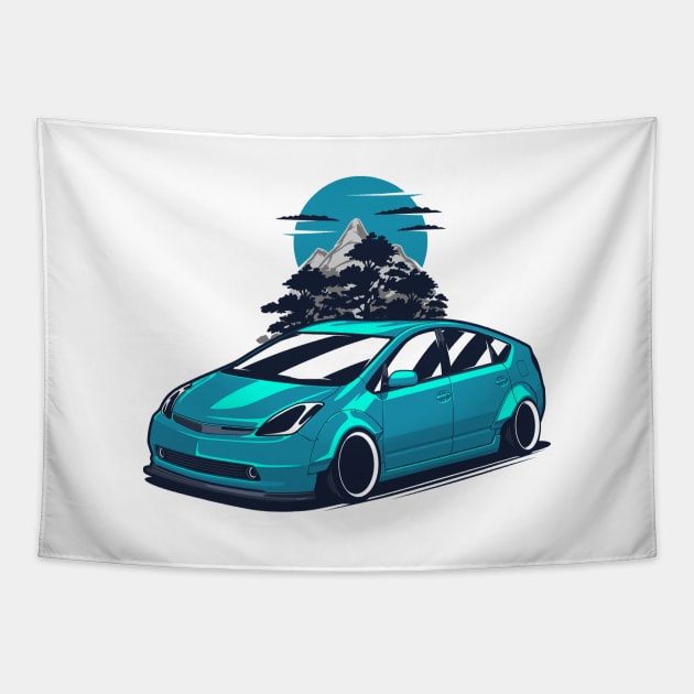 Blue Prius Widebody JDM Mountains Tapestry by KaroCars