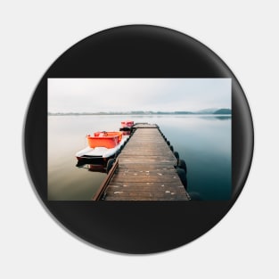 Two Pedal Boats Tied to Wooden Pier in Early Morning Light Pin