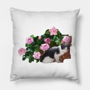 Katze im Rosenbusch Pillow