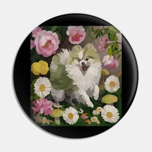 watercolor flowers surrounding a wild Pomeranian Pin