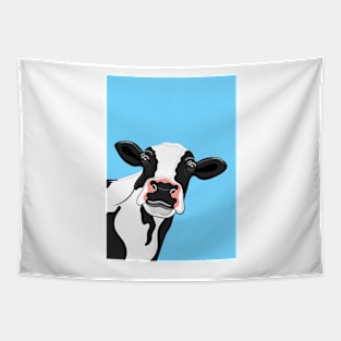 Black & White Cow Portrait on blue Tapestry