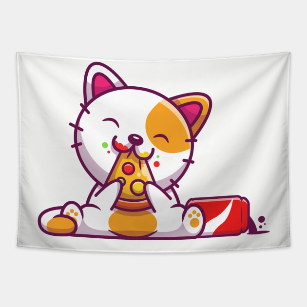 Cute Cat Eating Pizza And Cola Cartoon Tapestry by Catalyst Labs