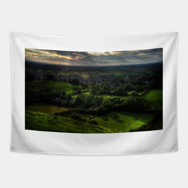 Sunset at Glastonbury Tor Tapestry by Nigdaw