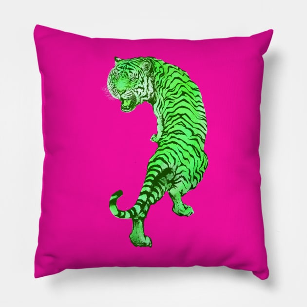 Cyberpunk Neon Lime Green Tiger Pillow by CRAFTY BITCH