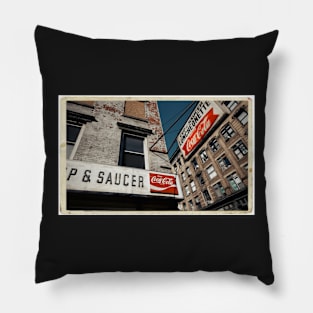 Cup & Saucer - New York City Store Sign Kodachrome Postcards Pillow