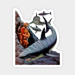 REVISTANGO #34 - Divers in Crimson Suits Trapped Among Predatory Sharks Beneath the Shimmering Surface of the Ocean, Rendered in Luminous Blues and Metallic Highlights from a 1950s Retro Comic of Deep-Sea Adventure Suspense Magnet