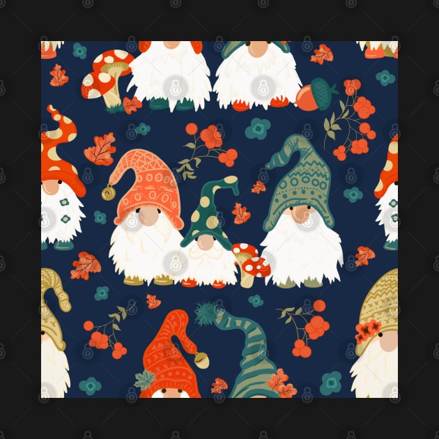 Autumn Gnomes with Long White Beards and Knitted Hats on Blue Background by NattyDesigns