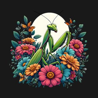 Praying mantis in a sea of flowers T-Shirt