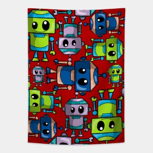 Whimsical Robot Stack – Colorful Cartoon Robot Pile Tapestry