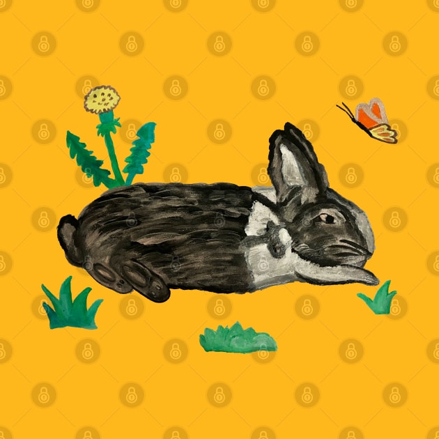 Rabbit with Butterfly and Dandelions Yellow Painting by Anke Wonder 