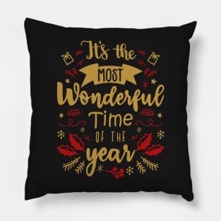 It's the Most Wonderful Time of the Year - Christmas Time - Red and Gold Tone Pillow