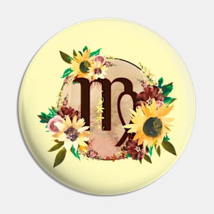 Virgo Zodiac Horoscope Maroon and Sunflower Floral Monogram Pin