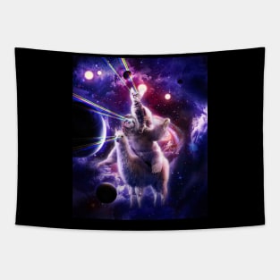 Laser Eyes Space Cat Riding Sloth Llama - Rainbow Tapestry