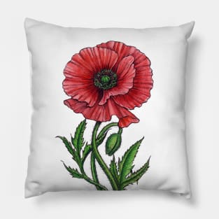 Red poppy, watercolor and ink Pillow