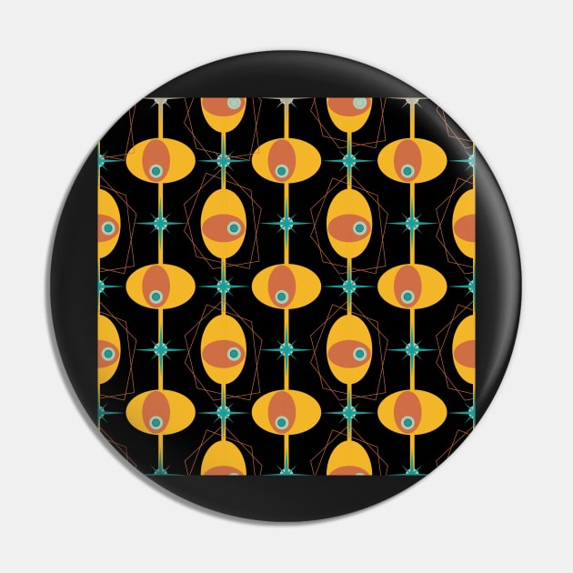 Retro 1950s Gold All Over Pattern - black background Pin by Tee's Tees