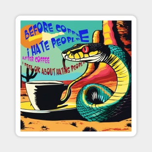 a snake drinking a cup of coffee pop art in the desert Magnet