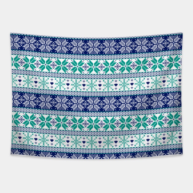 Blue & Turquoise Winter Fair Isle Pattern Tapestry by tanyadraws